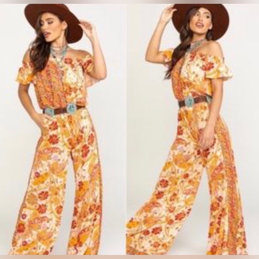 Free People|Carmen Jumpsuit,Boho floral wide leg jumpsuit-off the shoulders•••